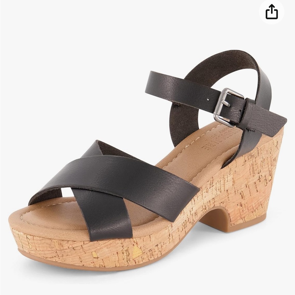 Cushionaire Rosie Black Strap Cork Wedges